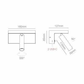 BEAM - 5W LED bedroom wall light with 2 USB-C sockets and dimmable light