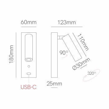 PURE - Applique a led da letto Bianca 4W con 1 presa USB-C e luce dimmerabile