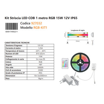 15W Kit Striscia LED COB RGB 1m IP65 12V con Dimmer - Luce Regolabile, Telecomando RF Incluso - 4 giochi di luce colorati