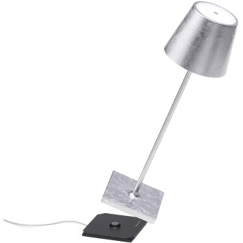 Led table lamp Poldina Pro silver leaf rechargeable and dimmable with battery up to 9 hours. IP54 outdoor.